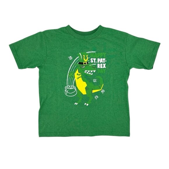 St Patrick’s Day Boys Dino T-Shirt Sz 7-8 Tee Green Happy St Pat-Rex Day Irish - Picture 1 of 7
